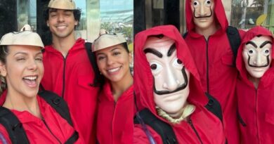 Carla Perez, filho e nora vão curtir pipoca de Ivete no Campo Grande disfarçados com máscaras de La Casa de Papel